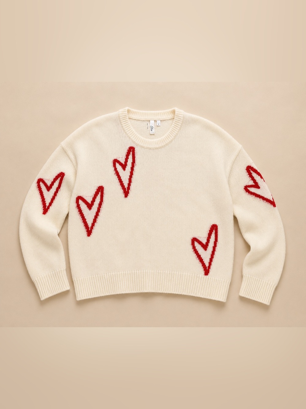 Elan Ivory Heart Print Soft Girl Crewneck Sweater Oversized Cozy Knit Pullover L - Picture 7 of 17